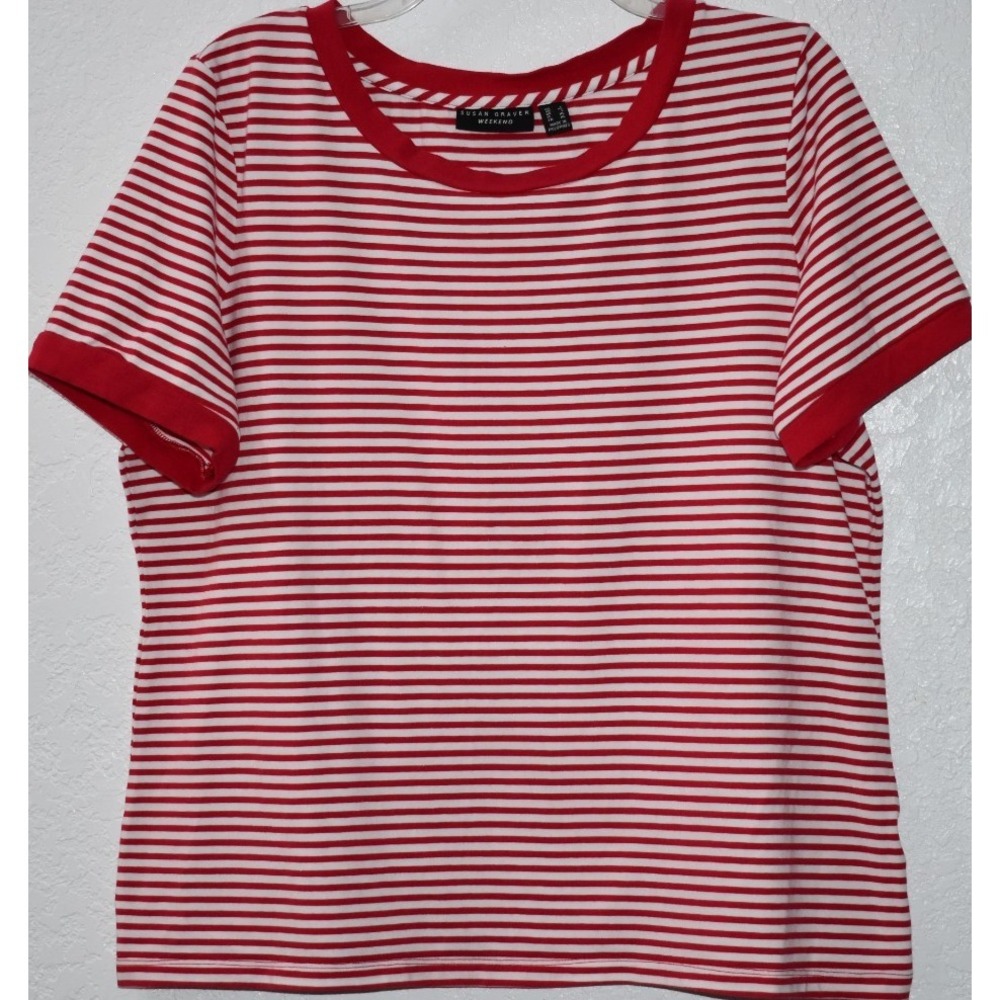 SUSAN GRAVER WEEKEND Top LARGE Red White Stripe Nautical Preppy Short Sleeve